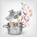 A dish of chicken, onions and vegetables is cooked in a stock pot. Royalty Free Stock Photo